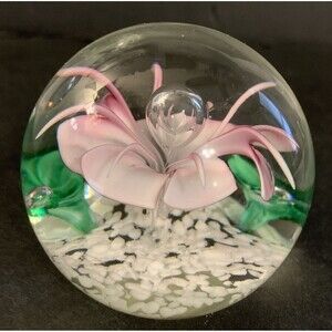 Art Glass Paperweight Pink/Purple Flower Controlled Bubble